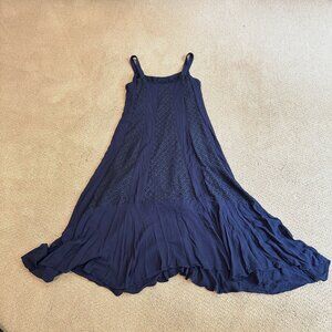 Gabby Skye Dress Midi Navy Blue Sharkbite Hem Sleeveless Lace Crochet Boho Sz 8